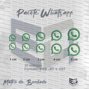 Imagem promocional do Pacote Whatsapp Logo Matriz de Bordado, exibindo dez variações do logotipo em tamanhos de 1 a 5 centímetros com opções vazadas e preenchidas em verde e branco