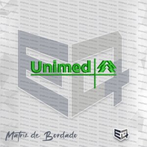 Matriz de bordado computadorizado do logotipo verde da Unimed com o símbolo dos pinheiros sobre fundo transparente.