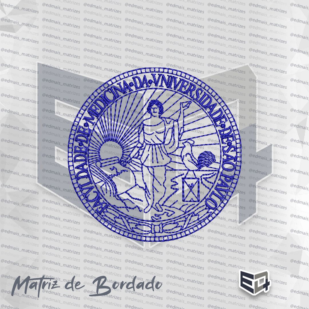 Imagem digital de uma matriz de bordado circular em tom azul marinho do brasão oficial da Faculdade de Medicina da USP. O círculo externo contém o texto 'FACULDADE DE MEDICINA DA UNIVERSIDADE DE SÃO PAULO'. O centro exibe uma figura humana cercada por raios solares, um galo sobre uma lanterna e outros elementos heráldicos tradicionais.