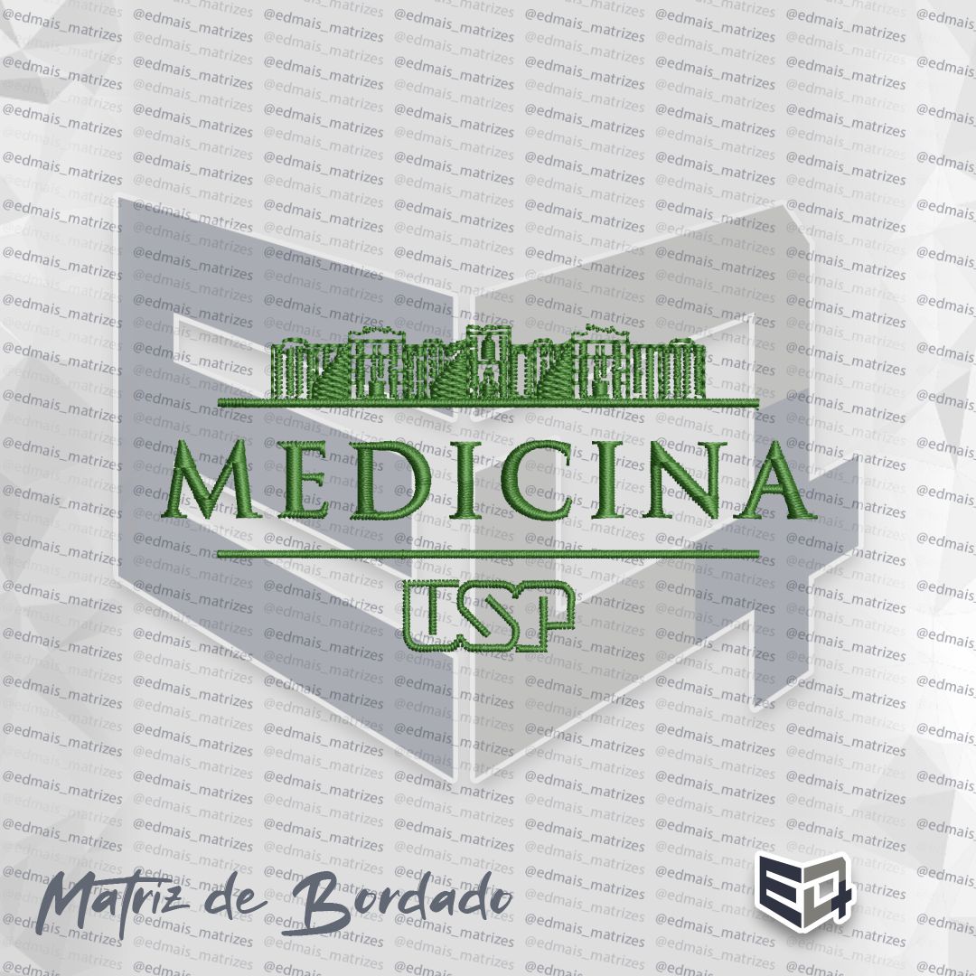 Imagem digital de uma matriz de bordado para Medicina USP. O design é todo em verde e inclui, de cima para baixo: a silhueta arquitetônica do prédio da FMUSP, uma linha horizontal, a palavra 'MEDICINA' em letras maiúsculas serifadas, outra linha horizontal e a sigla 'USP' em fonte estilizada e vazada
