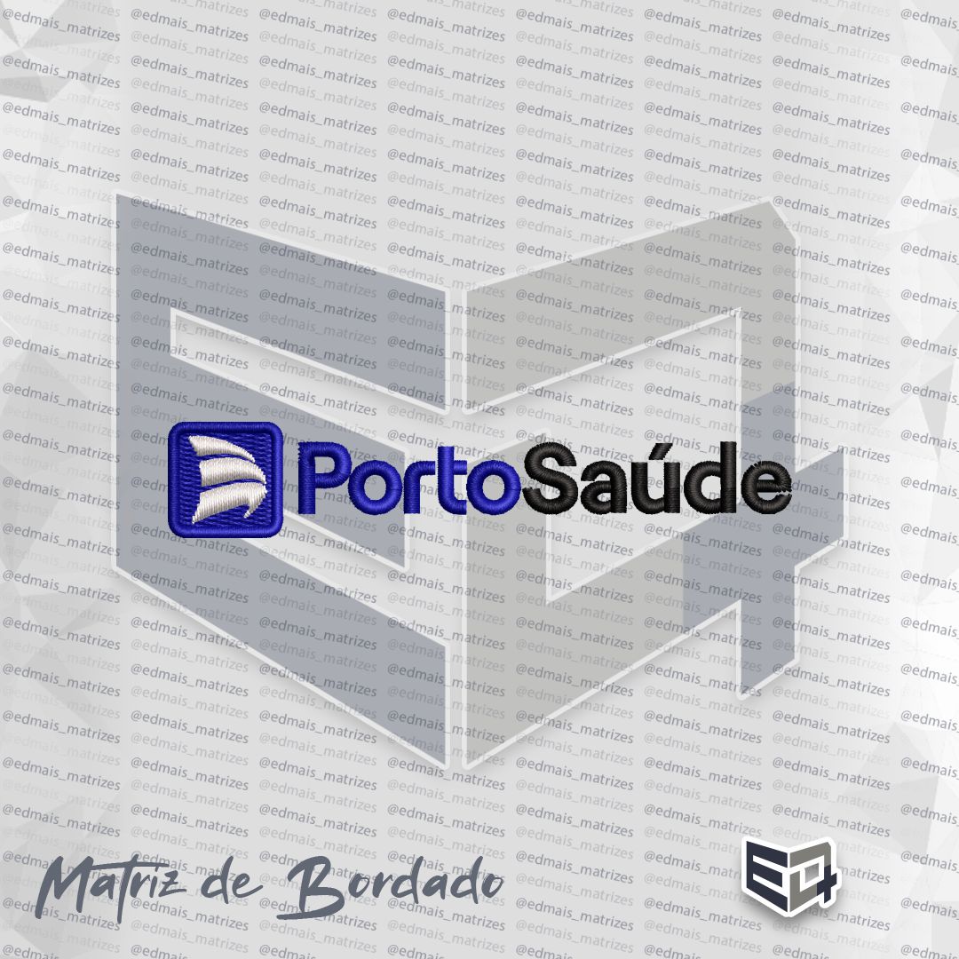 Matriz de bordado computadorizado do logotipo Porto Saúde, apresentando um ícone quadrado azul com ondas brancas à esquerda e o texto Porto Saúde em azul e preto à direita