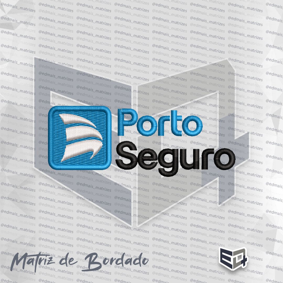 Matriz de bordado computadorizado do logotipo Porto seguro, apresentando um ícone quadrado azul com ondas brancas à esquerda e o texto Porto Seguro em azul e preto à direita