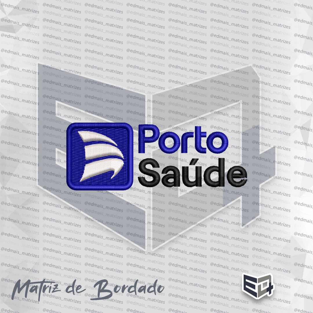 Matriz de bordado computadorizado do logotipo Porto Saúde, apresentando um ícone quadrado azul com ondas brancas à esquerda e o texto Porto Saúde em azul e preto à direita