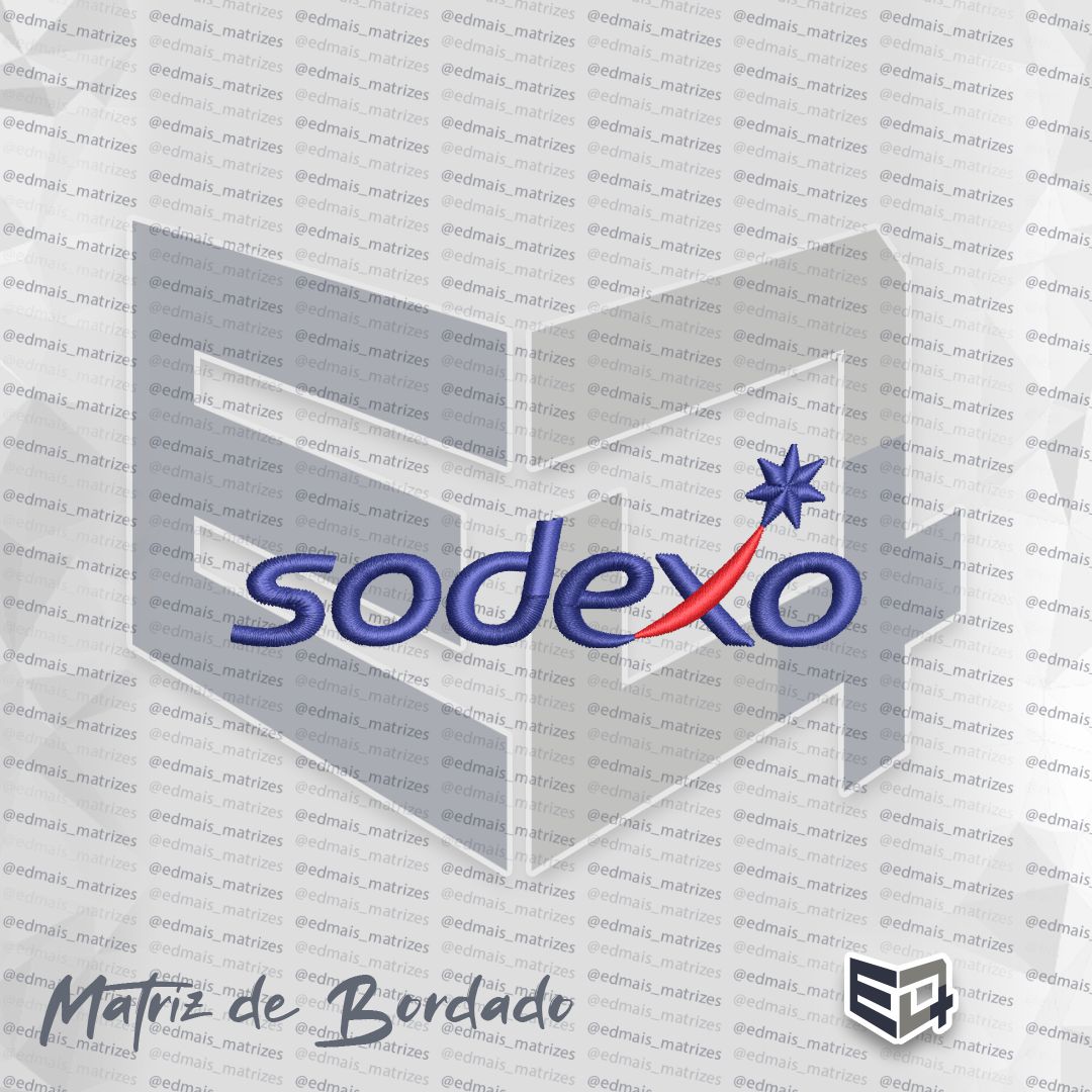 Imagem digital de uma matriz de bordado do logotipo Sodexo. O nome 'sodexo' está bordado em letras minúsculas na cor azul escuro, com exceção de um traço curvo em vermelho que sobe a partir da letra 'x' e termina em uma estrela de oito pontas também na cor azul escuro.