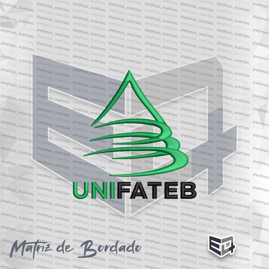 Imagem digital de uma matriz de bordado da UNIFATEB. O logotipo apresenta um ícone verde acima do texto, composto por um triângulo estilizado com três ondas horizontais saindo da base para a esquerda. Abaixo, a palavra 'UNIFATEB' está bordada com as letras 'UNI' em verde e 'FATEB' em preto