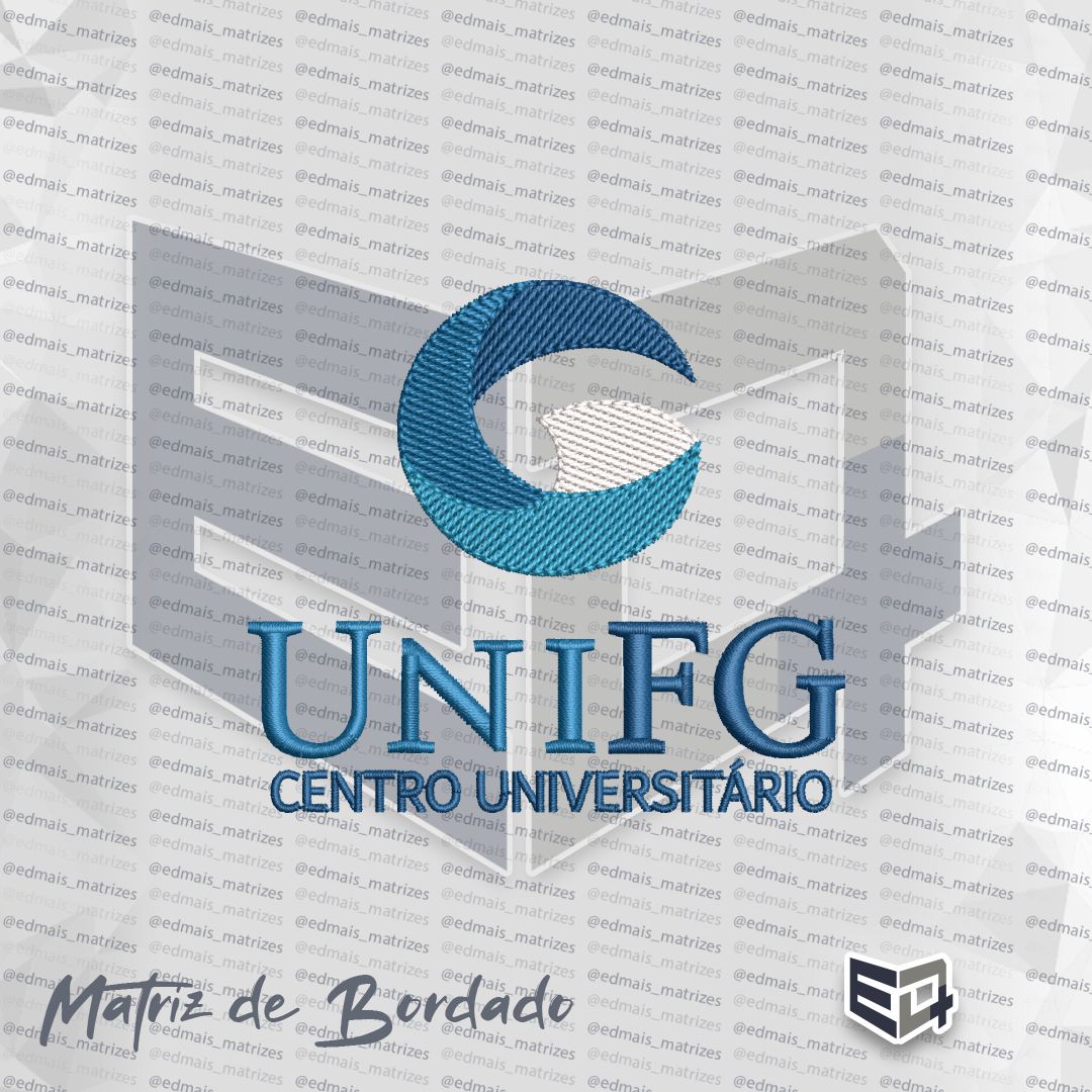 Imagem digital de uma matriz de bordado da UNIFG. Na parte superior, um ícone circular estilizado em tons de azul claro e escuro, simulando uma letra G com ondas brancas no centro. Abaixo, a sigla 'UNIFG' bordada em azul e a frase 'CENTRO UNIVERSITÁRIO' logo abaixo em letras menores