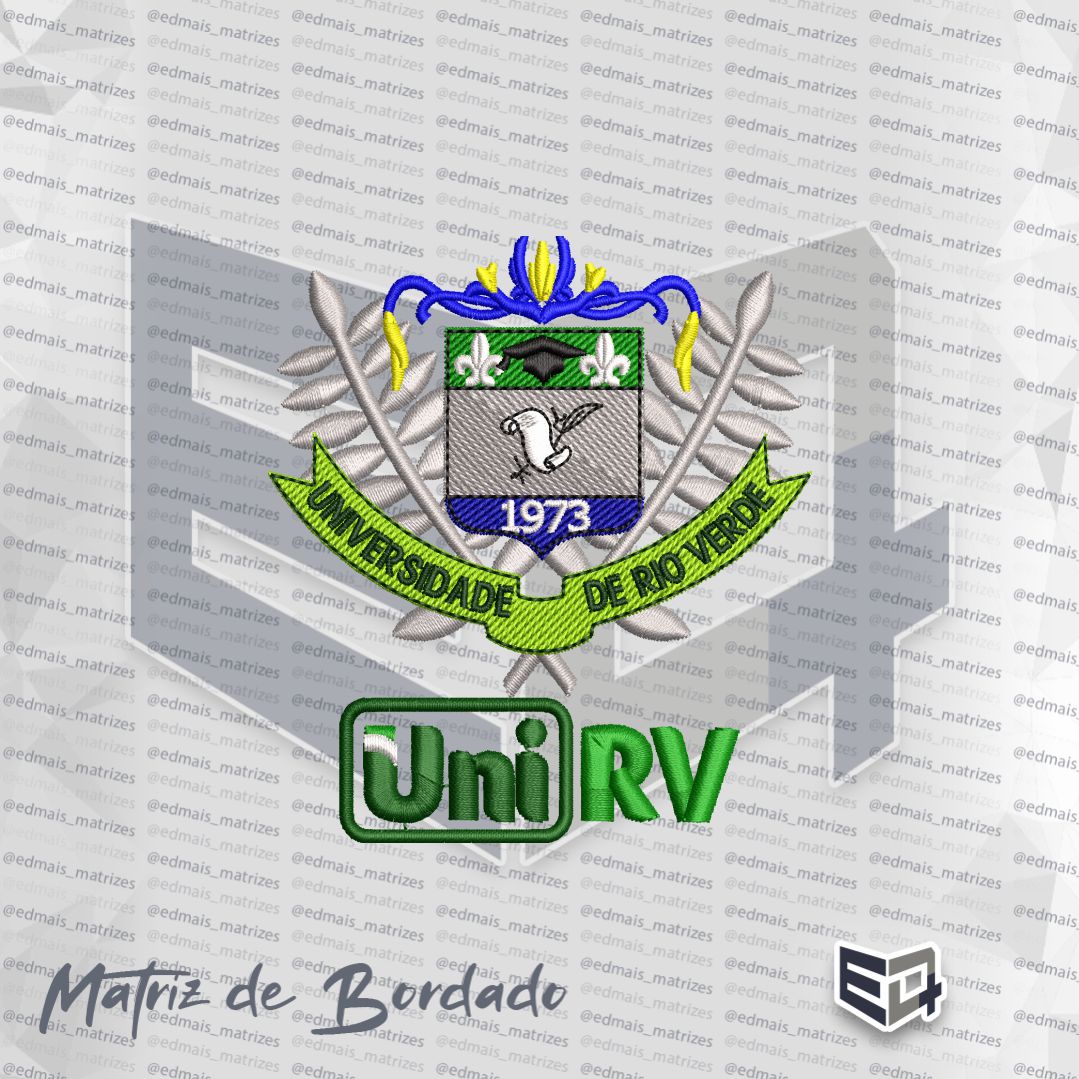 Matriz de bordado computadorizado do brasão da Universidade de Rio Verde (UniRV) com ramos prateados, escudo central verde e cinza, e logotipo UniRV na base.