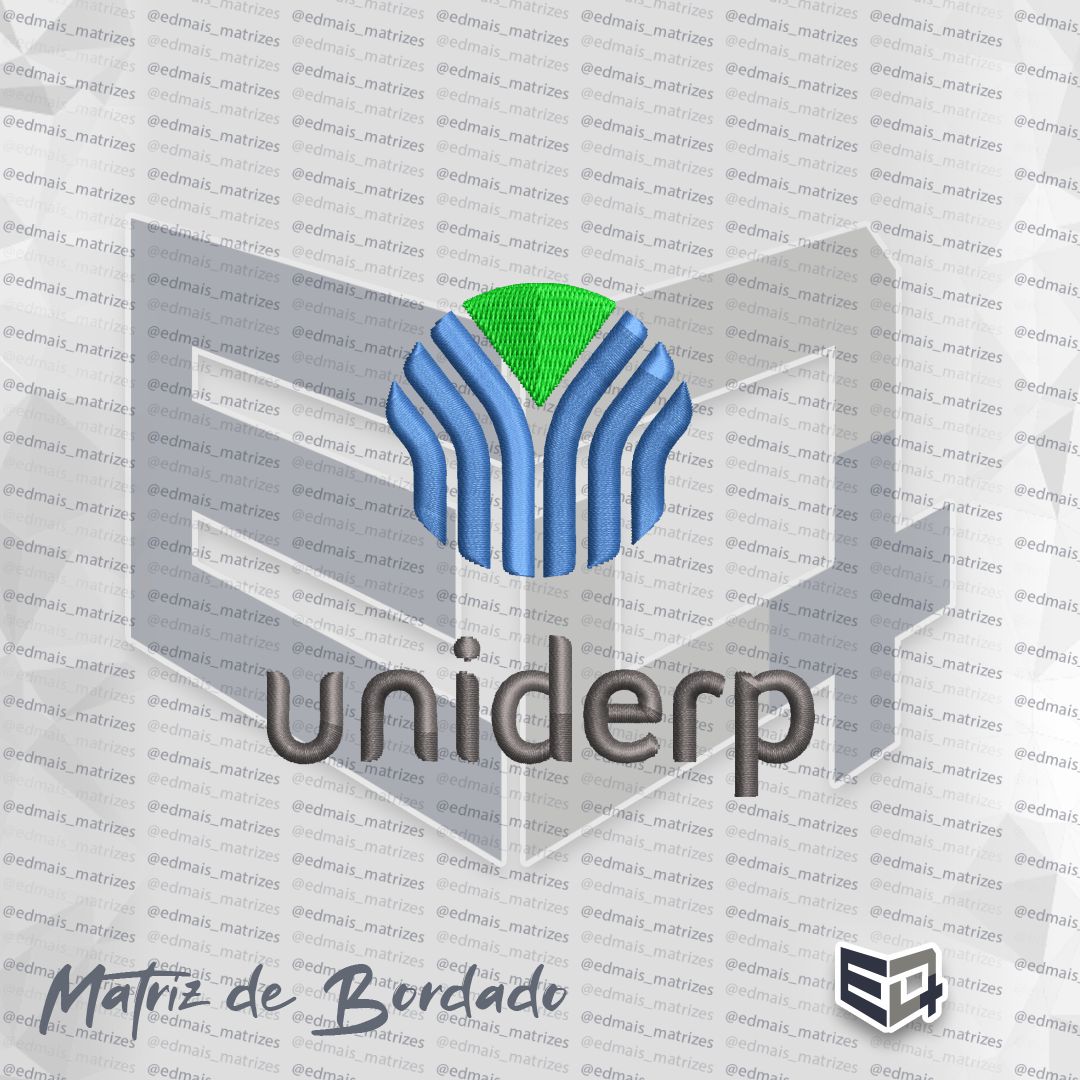 imagem digital de uma matriz de bordado do logotipo Uniderp. Na parte superior, um ícone circular estilizado formado por linhas verticais em degradê azul e um triângulo verde no topo. Abaixo, a palavra 'uniderp' bordada em letras minúsculas na cor cinza escuro