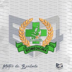 Matriz de bordado de Biomedicina com microscópio branco sobre cruz verde, cercado por ramos dourados e faixa com nome do curso.