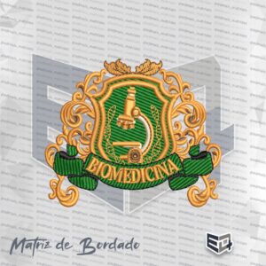 Matriz de bordado brasão ornamental de Biomedicina com microscópio dourado, DNA e moldura em arabescos dourados sobre fundo verde