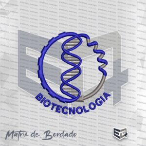 Matriz de bordado computadorizado do curso de Biotecnologia, apresentando uma hélice de DNA central azul e cinza com a palavra Biotecnologia em arco na parte inferior