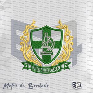 Matriz de bordado brasão de Biomedicina com arabescos laterais dourados e escudo verde central