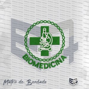 Matriz de bordado computadorizado do curso de Biomedicina, com uma cruz verde ao fundo, um microscópio branco centralizado e borda circular verde trançada. Nome "BioMedicina" com Acompanhando a curvatura abaixo na cor verde.