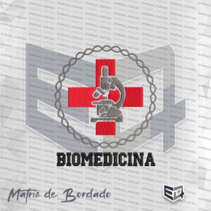 Matriz de bordado circular com moldura cinza trançada, cruz vermelha ao fundo, microscópio cinza e texto "BIOMEDICINA" em caixa alta