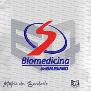 Matriz de bordado computadorizado do curso de Biomedicina UniSALESIANO, apresentando o símbolo "S" em vermelho e azul com o texto Biomedicina UniSALESIANO abaixo