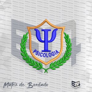 Matriz de bordado computadorizado do brasão de Psicologia com símbolo Psi azul, escudo dourado e ramos verdes
