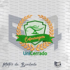 Matriz de bordado digital do curso de Enfermagem UniCerrado com brasão verde, lâmpada de Florence e ramos de louro dourados