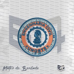 Logotipo circular bordado de Engenharia Civil da UNORTE São José do Rio Preto, com engrenagem azul e fundo laranja, destacando o busto de Minerva ao centro.