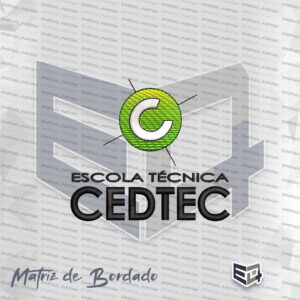Matriz de bordado da Escola Técnica CEDTEC. No topo, um ícone circular amarelo e verde com a letra C branca ao centro. Abaixo, o texto "ESCOLA TÉCNICA" em letras menores e "CEDTEC" em letras grandes, ambas na cor preta