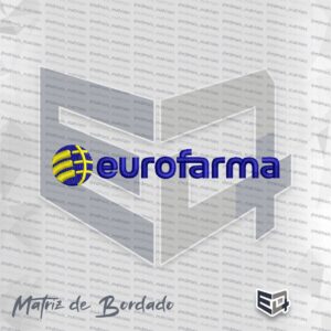 Matriz de bordado horizontal do logotipo Eurofarma. À esquerda, um ícone circular azul com listras diagonais amarelas; à direita, a palavra "eurofarma" escrita em letras minúsculas na cor azul royal