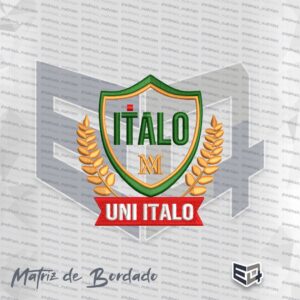 Matriz de bordado computadorizado do Centro Universitário Ítalo Brasileiro (UniÍtalo), apresentando um escudo verde e dourado com ramos de louro e faixa vermelha