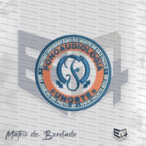 Logotipo circular bordado de Fonoaudiologia da UNORTE, com fundo laranja e borda azul, apresentando o símbolo da fonoaudiologia (letra F estilizada) centralizado em tons de azul