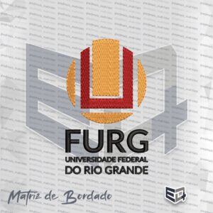 Matriz de bordado computadorizado com o logotipo da FURG Universidade Federal do Rio Grande nas cores amarelo, vermelho e preto