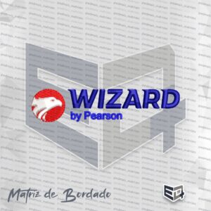 Matriz de bordado computadorizado do logotipo Wizard by Pearson, apresentando círculo vermelho com águia branca e texto azul