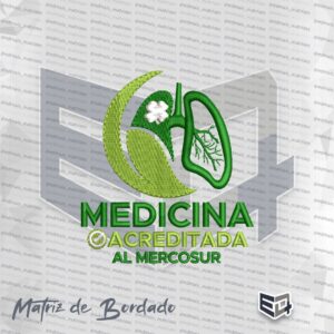 Matriz de bordado verde com o logotipo Medicina Acreditada Al Mercosur. Inclui um desenho estilizado de pulmões e folhas, um trevo de quatro folhas branco e o texto "MEDICINA ACREDITADA AL MERCOSUR" na base
