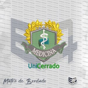 Matriz de bordado computadorizado do brasão de Medicina da UniCerrado com ramos de louro amarelos, escudo verde e bastão de Esculápio branco