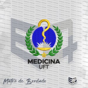 Matriz de bordado do curso de Medicina da UFT. Apresenta um fundo azul circular com um sol branco, uma serpentina dourada central, ramos de louro verdes nas laterais e o texto "MEDICINA UFT" na base em preto