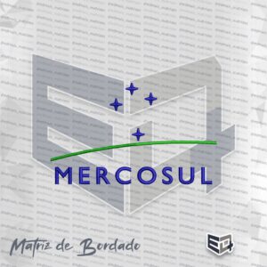Matriz de bordado do logotipo Mercosul composta por quatro estrelas azuis no topo, uma linha curva verde horizontal ao centro e a palavra MERCOSUL em azul na base.
