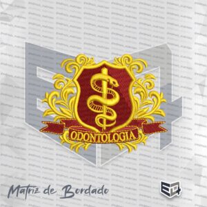 Matriz de bordado brasão de Odontologia com escudo vermelho, cobra e bastão dourados e ramos ornamentais amarelos.