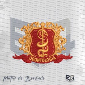 Matriz de bordado computadorizado do curso de Odontologia com brasão vermelho, detalhes ornamentados em dourado e faixa inferior com a palavra Odontologia.