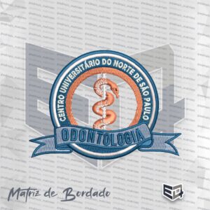 Matriz de bordado de Odontologia da UNORTE, apresentando a serpente de Esculápio centralizada em um brasão circular azul e laranja, com uma faixa azul na parte inferior escrita ODONTOLOGIA