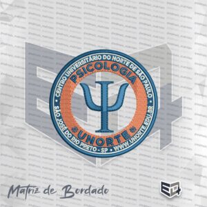 Matriz de bordado circular do curso de Psicologia da Unorte, contendo o símbolo Psi azul ao centro sobre fundo laranja e bordas azuis com o nome da instituição