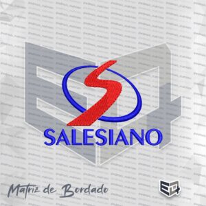 Matriz de bordado do logotipo Salesiano. O design apresenta uma letra "S" estilizada em vermelho com preenchimento em ponto tatami, atravessando um arco oval azul em ponto cheio. Abaixo do símbolo, a palavra "SALESIANO" está bordada em letras maiúsculas na cor azul royal. O fundo é cinza claro, destacando a textura das linhas de bordado.