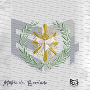 Matriz de bordado computadorizado do Divino Espírito Santo (pomba branca) centralizado entre raios dourados e cercado por ramos de folhas verdes