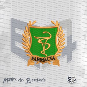 Matriz de bordado do brasão de Farmácia com escudo verde, símbolo da taça e serpente dourados ao centro, ramos de louro nas laterais e faixa inferior com a palavra "FARMÁCIA" em preto