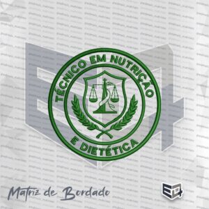 Matriz de bordado circular verde do curso Técnico em Nutrição e Dietética, contendo um escudo central com uma balança e serpente, cercado por ramos de louro e o nome do curso em arco