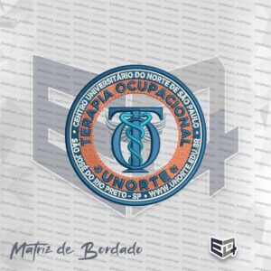 Logotipo circular bordado de Terapia Ocupacional da UNORTE, com fundo laranja, borda azul e o símbolo da TO (serpentes e iniciais) centralizado em tons de azul e cinza.
