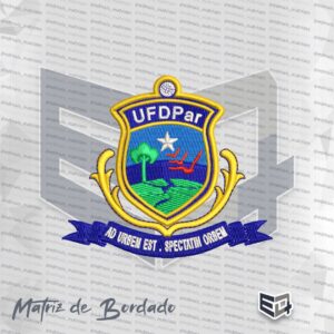 Matriz de bordado computadorizado do brasão da UFDPar Universidade Federal do Delta do Parnaíba em tons de azul, dourado e verde