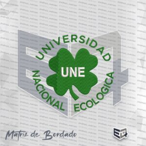 Matriz de bordado circular da Universidad Nacional Ecológica (UNE). Apresenta um trevo de quatro folhas verde ao centro com a sigla UNE em branco, circulado pelo nome da universidade em letras verdes