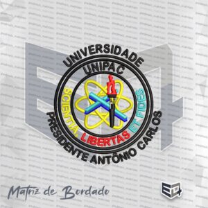 Matriz de bordado computadorizado do logotipo circular UNIPAC com átomo amarelo, tocha vermelha e lema Scientia Libertas et Fides