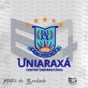 Matriz de bordado oficial UNIARAXÁ Centro Universitário com brasão azul, sol dourado 1972 e cinco estrelas superiores