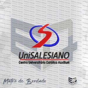 Matriz de bordado computadorizado da UniSALESIANO, apresentando o símbolo "S" em vermelho e azul com o texto UniSALESIANO abaixo