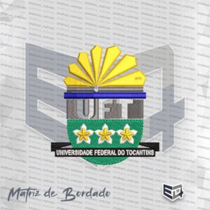 Matriz de bordado colorida da Universidade Federal do Tocantins (UFT). No topo, um sol amarelo radiante; ao centro, a sigla UFT em cinza; na base verde, três flores brancas e amarelas; e uma faixa preta inferior com o nome da universidade em branco