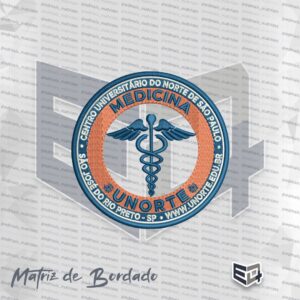 Matriz de bordado circular do curso de Medicina Unorte, com o bastão de Esculápio centralizado em azul sobre fundo laranja