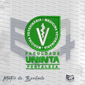 Matriz de bordado Medicina Veterinária UNINTA Fortaleza com escudo circular verde, símbolo V branco e texto institucional