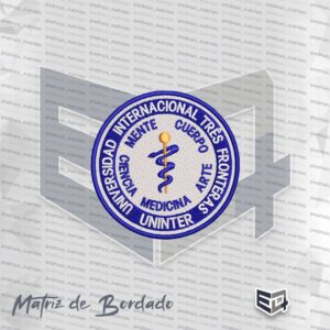 Matriz de bordado circular da Medicina UNINTER - Universidad Internacional Tres Fronteras, com bastão de Esculápio dourado e azul, digitalizada para jalecos médicos e uniformes universitários
